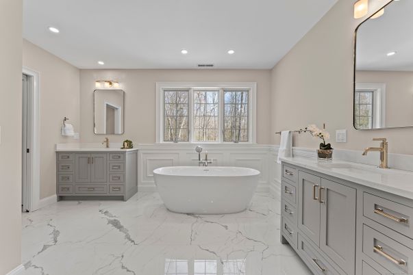 Bathroom, Dual Sink Vanities, Free Standing Baths, Interior, Marble, Recessed Lighting