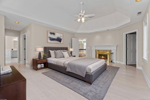 Bedroom, Fireplace, Interior, Recessed Lighting, Wood Texture Flooring