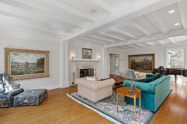Fireplace, Interior, Living room, Piano, Recessed Lighting, Wood Texture Flooring