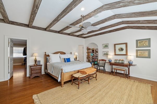 Bedroom, Interior, Recessed Lighting, Wooden Beams, Wood Texture Flooring