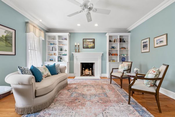 Fireplace, Interior, Living room, Recessed Lighting, Wood Texture Flooring