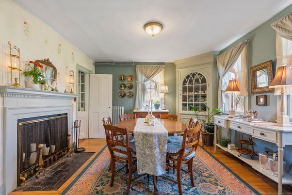 Dining room, Fireplace, Interior, Wood Texture Flooring