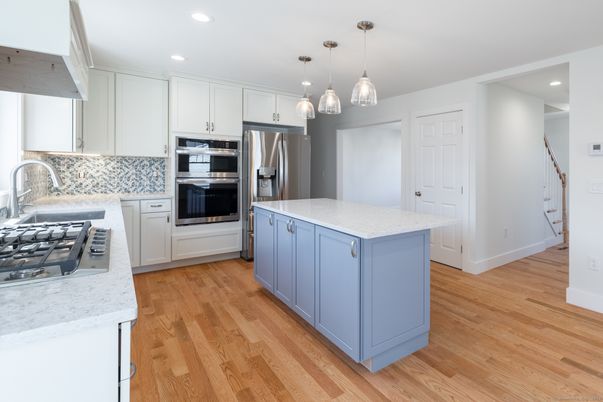 Interior, Kitchen, Pendant Lights, Recessed Lighting, Stainless Steel Appliances, Wood Texture Flooring