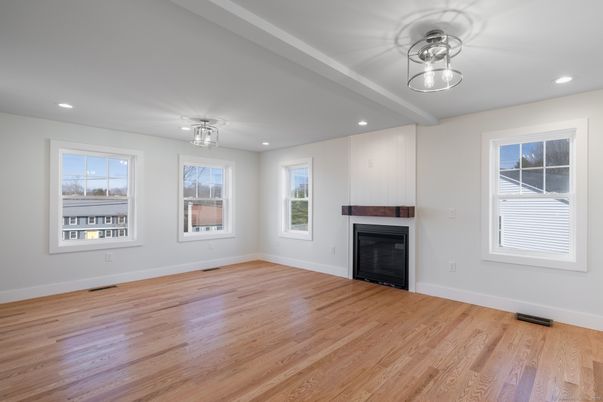 Empty room, Fireplace, Interior, Recessed Lighting, Wood Texture Flooring