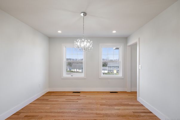 Chandelier, Empty room, Interior, Recessed Lighting, Wood Texture Flooring