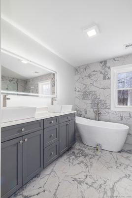 Bathroom, Dual Sink Vanities, Free Standing Baths, Interior, Marble, Marble Walls