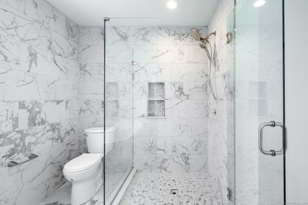 Bathroom, Glass Shower, Interior, Marble Walls, Recessed Lighting