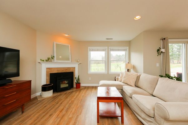 Fireplace, Interior, Living room, Recessed Lighting, Wood Texture Flooring