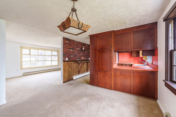 Empty room, Interior, Kitchen, Pendant Lights, Stone Walls