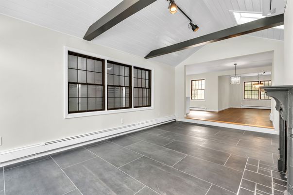 Empty room, Fireplace, Interior, Pendant Lights, Wooden Beams, Wood Texture Flooring