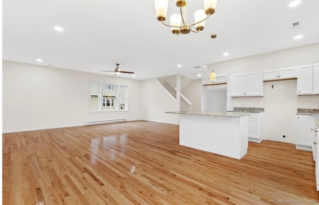Chandelier, Empty room, Interior, Kitchen, Pendant Lights, Recessed Lighting, Wood Texture Flooring