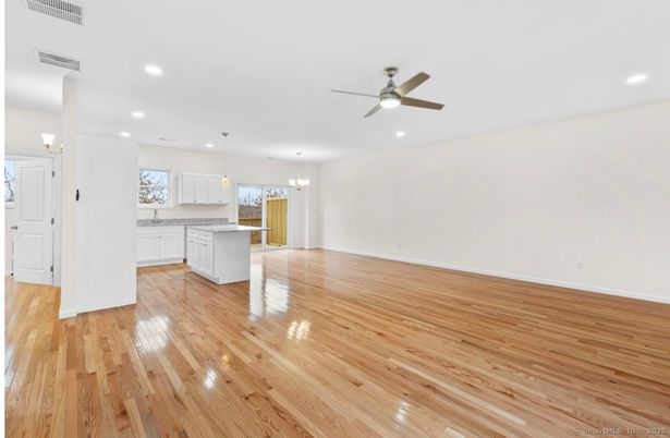 Empty room, Interior, Kitchen, Pendant Lights, Recessed Lighting, Wood Texture Flooring