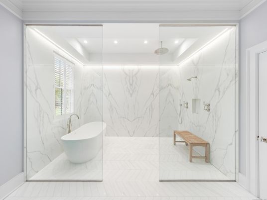 Bathroom, Free Standing Baths, Glass Shower, Interior, Marble, Marble Walls, Recessed Lighting
