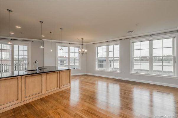 Chandelier, Empty room, Interior, Kitchen, Pendant Lights, Recessed Lighting, Wood Texture Flooring