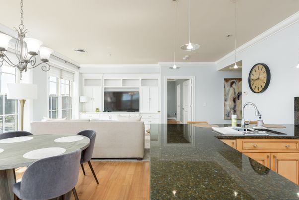 Chandelier, Dining room, Interior, Kitchen, Living room, Pendant Lights, Recessed Lighting, Wood Texture Flooring
