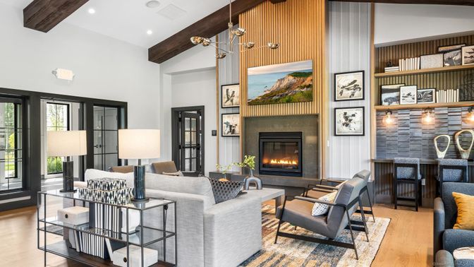 Fireplace, Interior, Living room, Pendant Lights, Recessed Lighting, Wooden Beams, Wood Texture Flooring