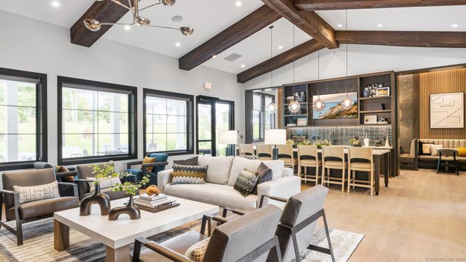 Dining room, Interior, Living room, Pendant Lights, Recessed Lighting, Wooden Beams, Wood Texture Flooring