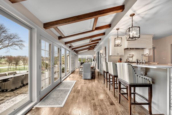 Dining room, Interior, Kitchen, Pendant Lights, Wooden Beams, Wood Texture Flooring