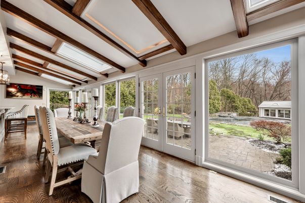 Dining room, Interior, Pendant Lights, Wooden Beams, Wood Texture Flooring
