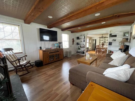 Dining room, Interior, Living room, Recessed Lighting, Wooden Beams, Wood Texture Flooring