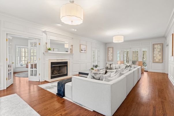Fireplace, Interior, Living room, Pendant Lights, Wood Texture Flooring