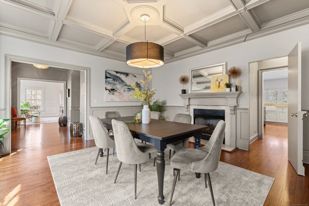 Dining room, Fireplace, Interior, Pendant Lights, Wood Texture Flooring