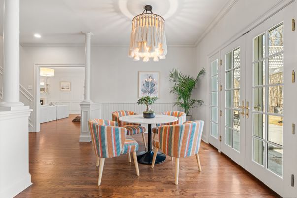 Dining room, Fireplace, Interior, Pendant Lights, Recessed Lighting, Wood Texture Flooring