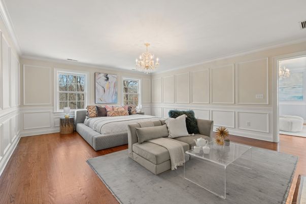 Bedroom, Chandelier, Interior, Wood Texture Flooring