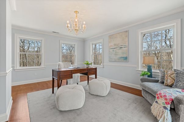 Chandelier, Home Office, Interior, Wood Texture Flooring