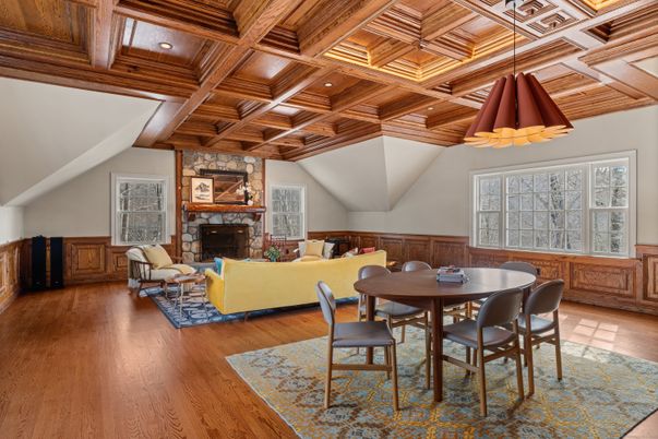 Dining room, Fireplace, Interior, Living room, Pendant Lights, Recessed Lighting, Wooden Beams, Wooden Ceilings, Wood Texture Flooring
