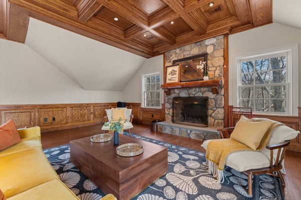 Fireplace, Interior, Living room, Recessed Lighting, Wooden Beams, Wooden Ceilings, Wood Texture Flooring