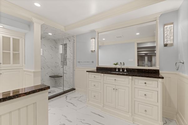 Bathroom, Glass Shower, Interior, Marble, Marble Walls, Recessed Lighting
