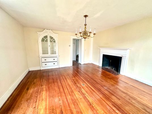 Chandelier, Empty room, Fireplace, Interior, Wood Texture Flooring