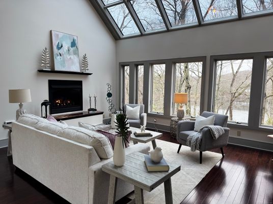 Fireplace, Interior, Living room, Sun Room, Wood Texture Flooring