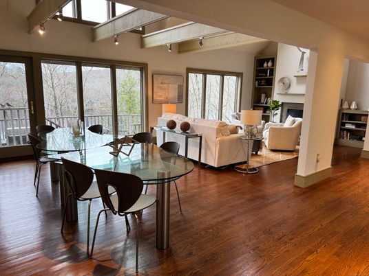 Dining room, Fireplace, Interior, Living room, Wood Texture Flooring