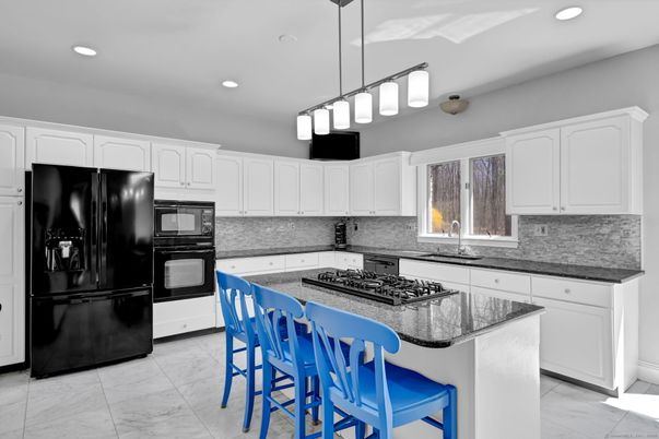 Interior, Kitchen, Marble, Pendant Lights, Recessed Lighting, Stainless Steel Appliances