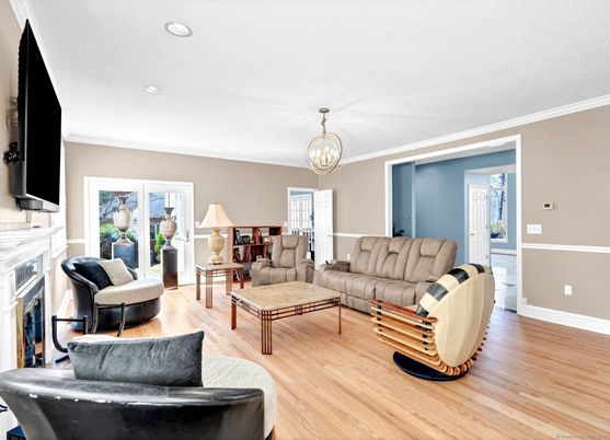Fireplace, Interior, Living room, Recessed Lighting, Wood Texture Flooring
