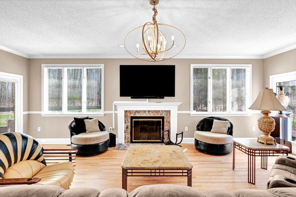 Fireplace, Interior, Living room, Pendant Lights, Wood Texture Flooring
