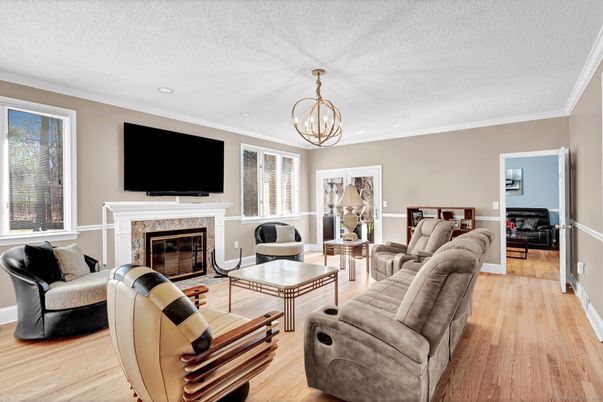 Chandelier, Fireplace, Interior, Living room, Wood Texture Flooring