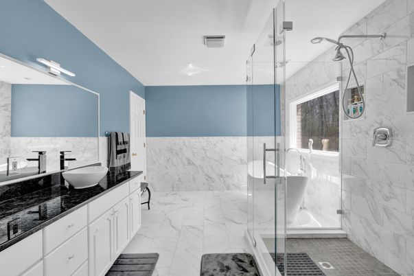 Bathroom, Dual Sink Vanities, Glass Shower, Interior, Marble, Marble Walls