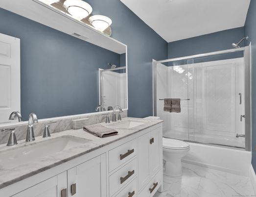 Bathroom, Dual Sink Vanities, Glass Shower, Interior, Marble