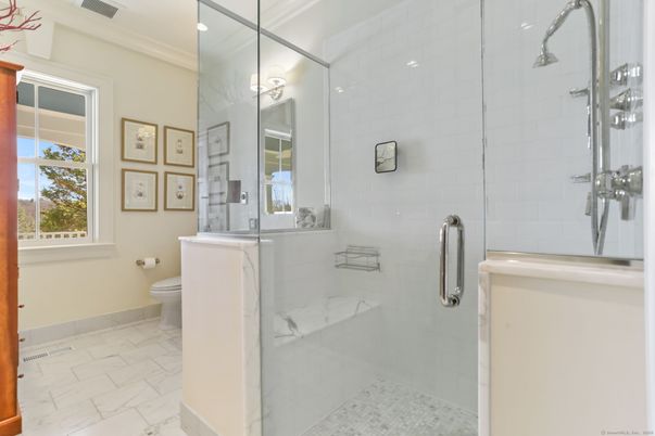 Bathroom, Glass Shower, Interior, Marble, Recessed Lighting
