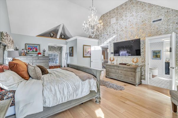 Bedroom, Chandelier, Interior, Wood Texture Flooring