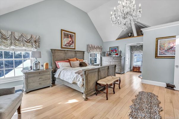 Bedroom, Chandelier, Interior, Wood Texture Flooring