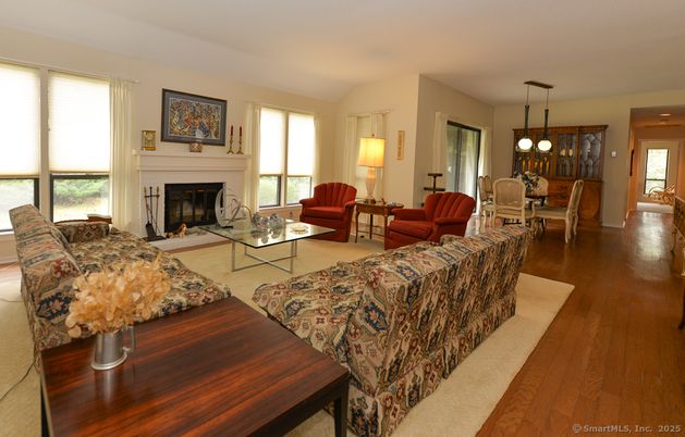 Dining room, Fireplace, Interior, Living room, Pendant Lights, Wood Texture Flooring