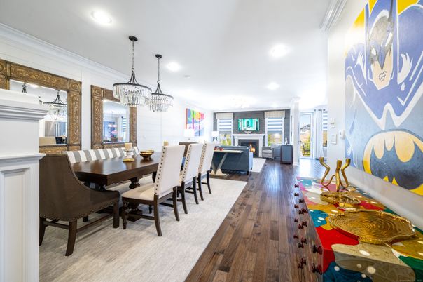 Dining room, Fireplace, Interior, Living room, Pendant Lights, Recessed Lighting, Wood Texture Flooring