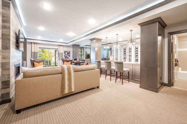 Dining room, Fireplace, Interior, Living room, Pendant Lights, Recessed Lighting, Stone Walls