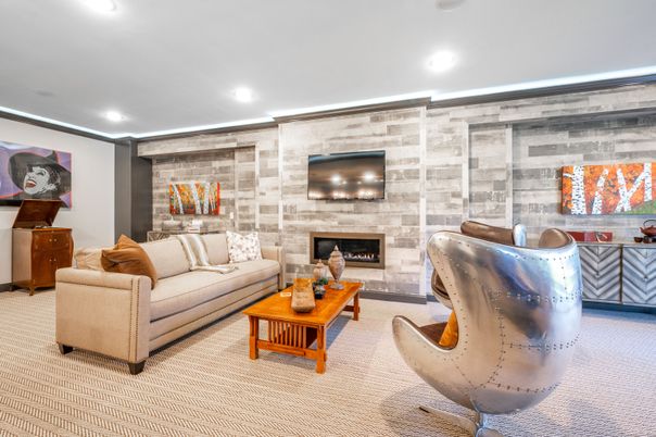 Fireplace, Interior, Living room, Recessed Lighting, Stone Walls