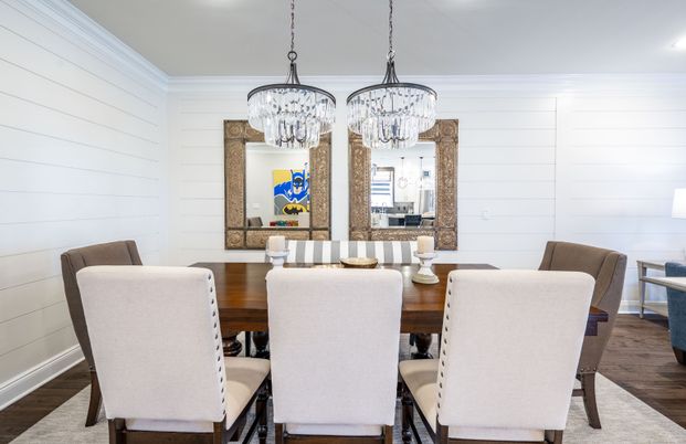Chandelier, Dining room, Interior, Recessed Lighting, Wood Texture Flooring