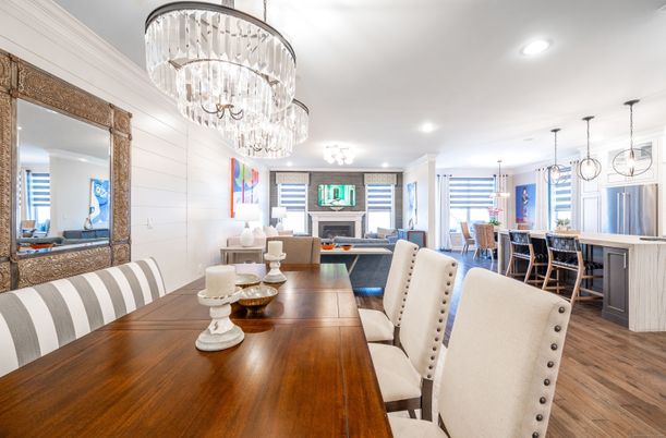 Chandelier, Dining room, Fireplace, Interior, Kitchen, Living room, Pendant Lights, Recessed Lighting, Wood Texture Flooring